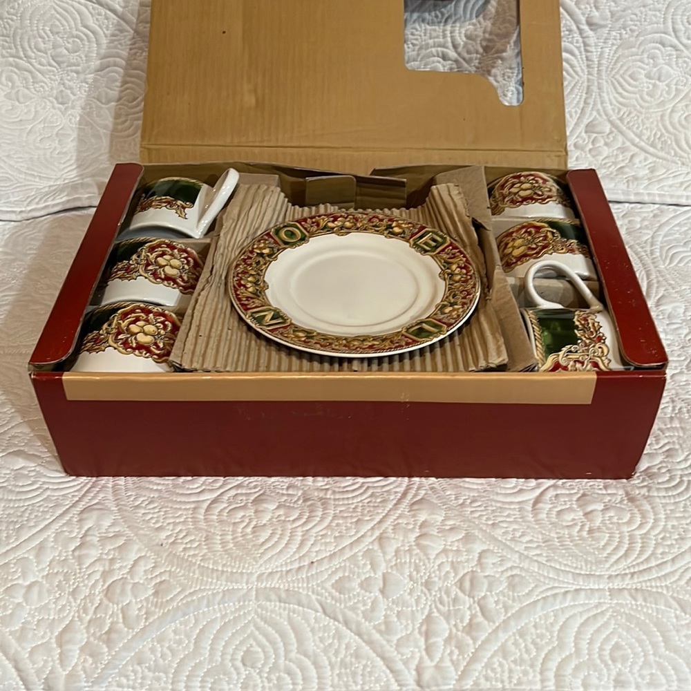 American Atelier Noel Flat Teacup and Saucer Set of Six